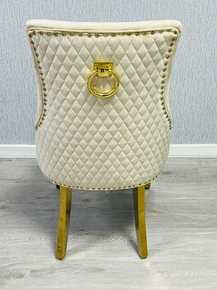 Majestic Cream Gold Ring Knocker Quilted Tufted Plush Velvet Dining Chair Gold Legs - Belmont Interiors