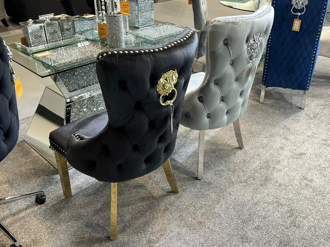 Valencia Black Quilted Plush Velvet Gold Leg Lion Knockerback Dining Chair - Belmont Interiors