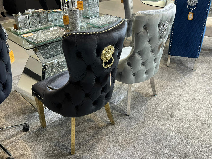 Valencia Black Quilted Plush Velvet Gold Leg Lion Knockerback Dining Chair - Belmont Interiors