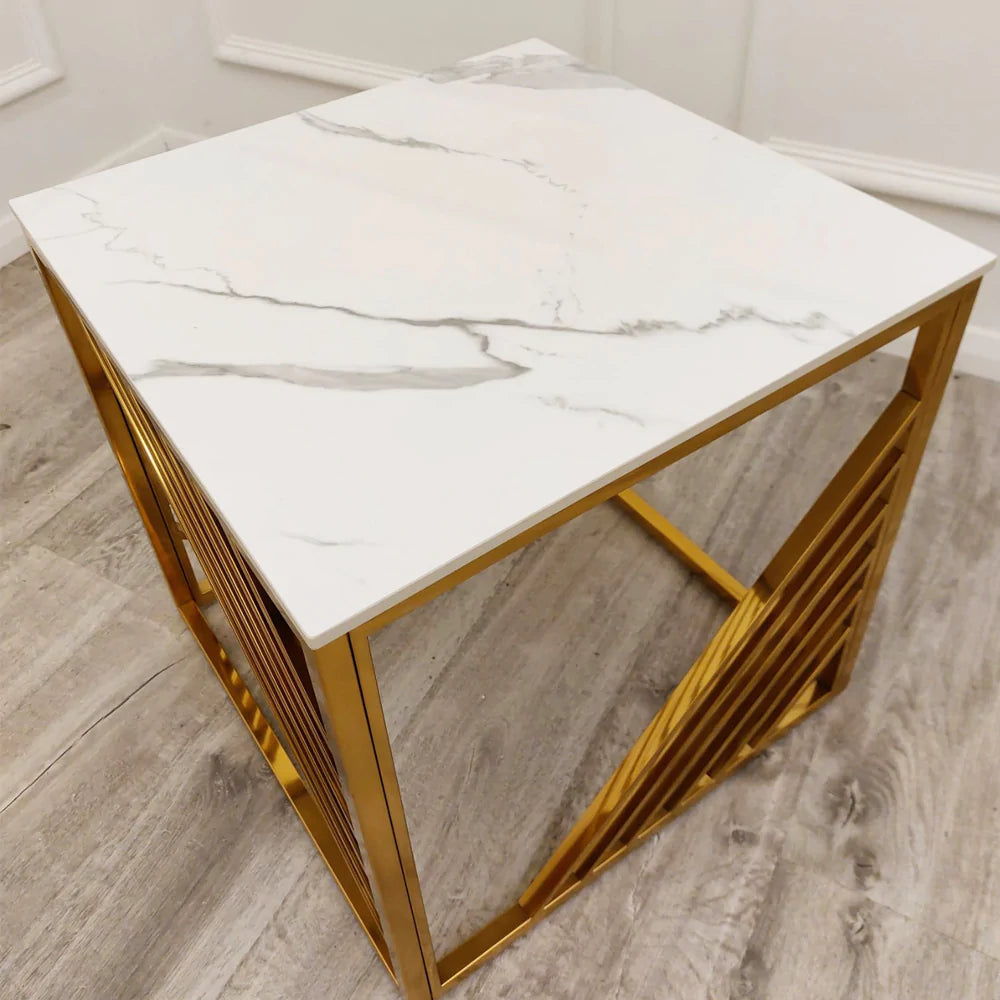 Azure Gold Lamp Side Table with Polar White Sintered Top - Belmont Interiors