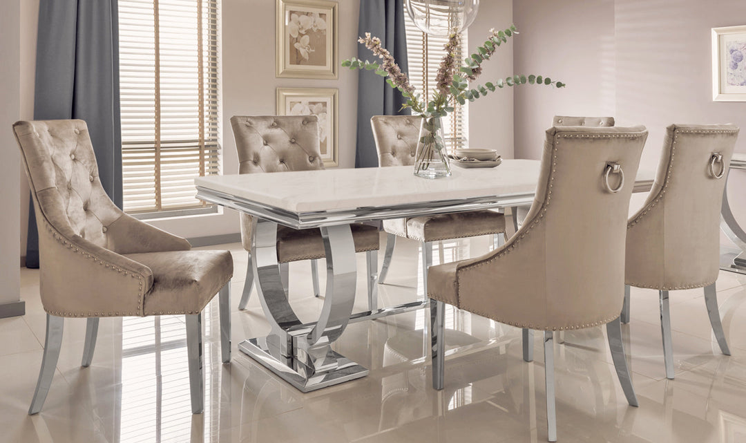 Arianna 150cm Cream Marble Dining Table + Belle Champagne Velvet Chairs - Belmont Interiors