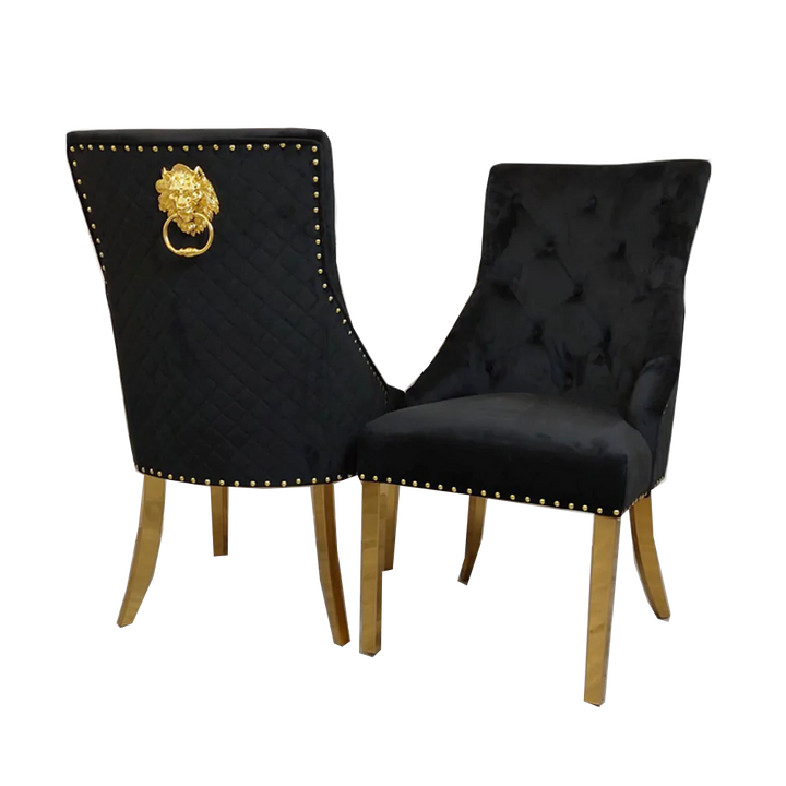 Lucien 180cm Gold Dining Table with Pandora Gold Sintered Stone Top + Gold Lion Knocker Dining Chairs-Dining Table & Chairs Set-Cuthwells-Belmont Interiors