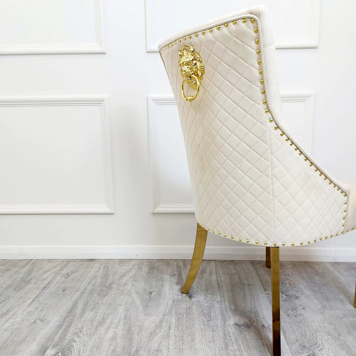 Gold Lion Knocker Quilted Tufted Plush Velvet Dining Chair Gold Legs - Belmont Interiors