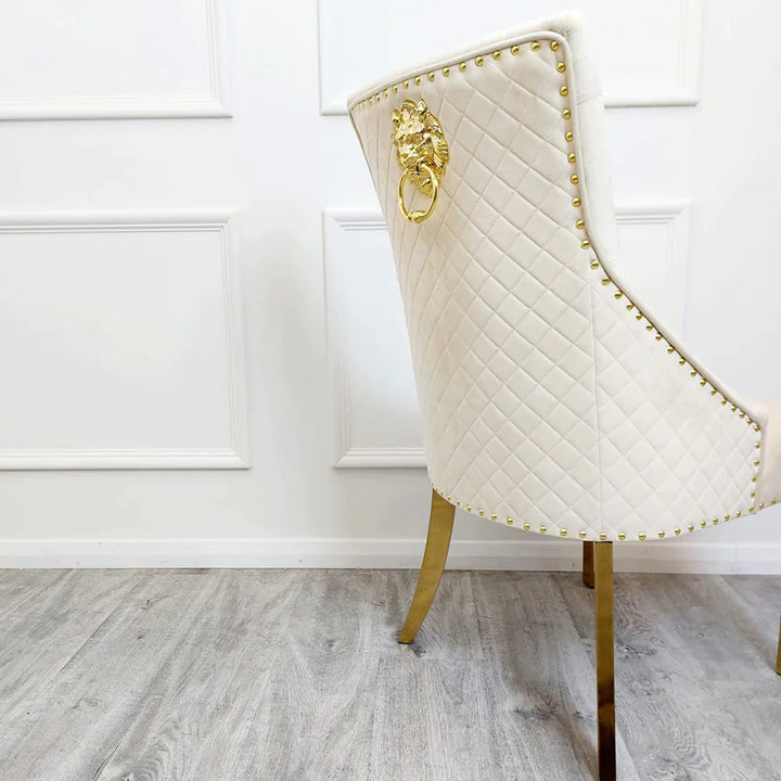 Louis Black/Gold Marble Dining Table With Gold Lion Knocker Velvet Chairs - Belmont Interiors