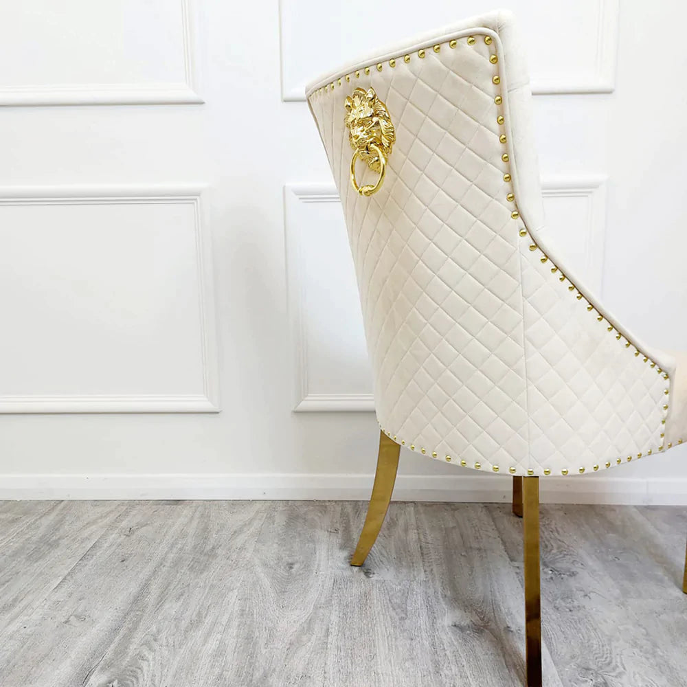 Louis Gold Polar White Sintered Stone Dining Table With Gold Lion Knocker Dining Chairs - Belmont Interiors