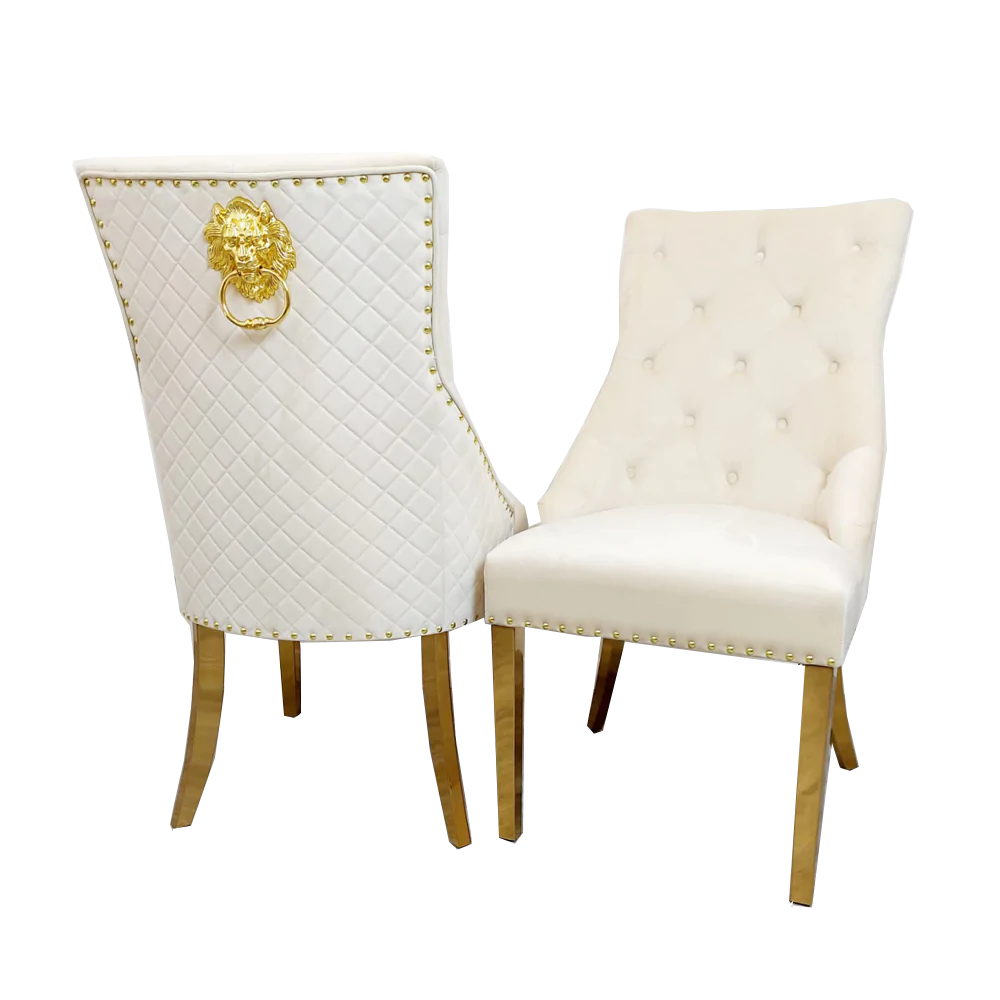 Louis Gold & White Marble Dining Table With Cream & Gold Lion Knocker Dining Chairs-Dining Table & Chairs Set-Cuthwells-Belmont Interiors