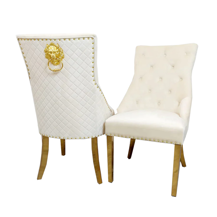 Louis 130cm Round Black/Gold Marble Gold Dining Table + Majestic Gold Lion Dining Chairs - Belmont Interiors