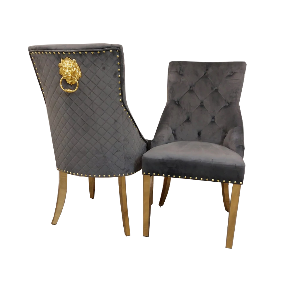 Gold Lion Knocker Quilted Tufted Plush Velvet Dining Chair Gold Legs - Belmont Interiors