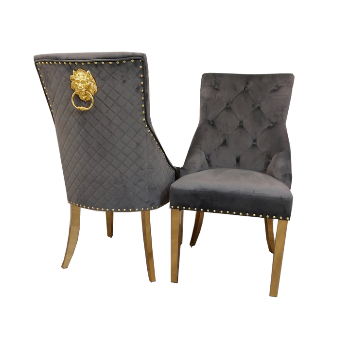 Gold Lion Knocker Quilted Tufted Plush Velvet Dining Chair Gold Legs - Belmont Interiors