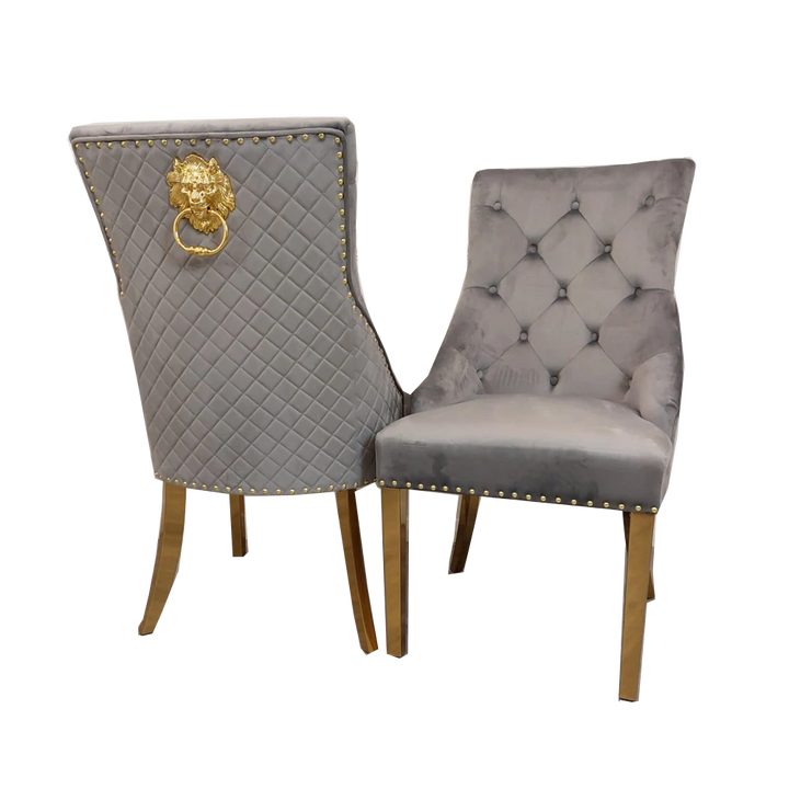 Gold Lion Knocker Quilted Tufted Plush Velvet Dining Chair Gold Legs - Belmont Interiors