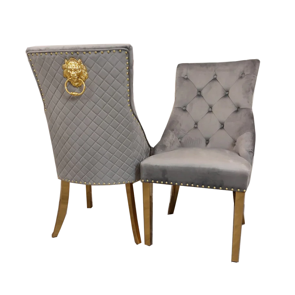 Louis 130cm Round Black/Gold Marble Gold Dining Table + Majestic Gold Lion Dining Chairs - Belmont Interiors