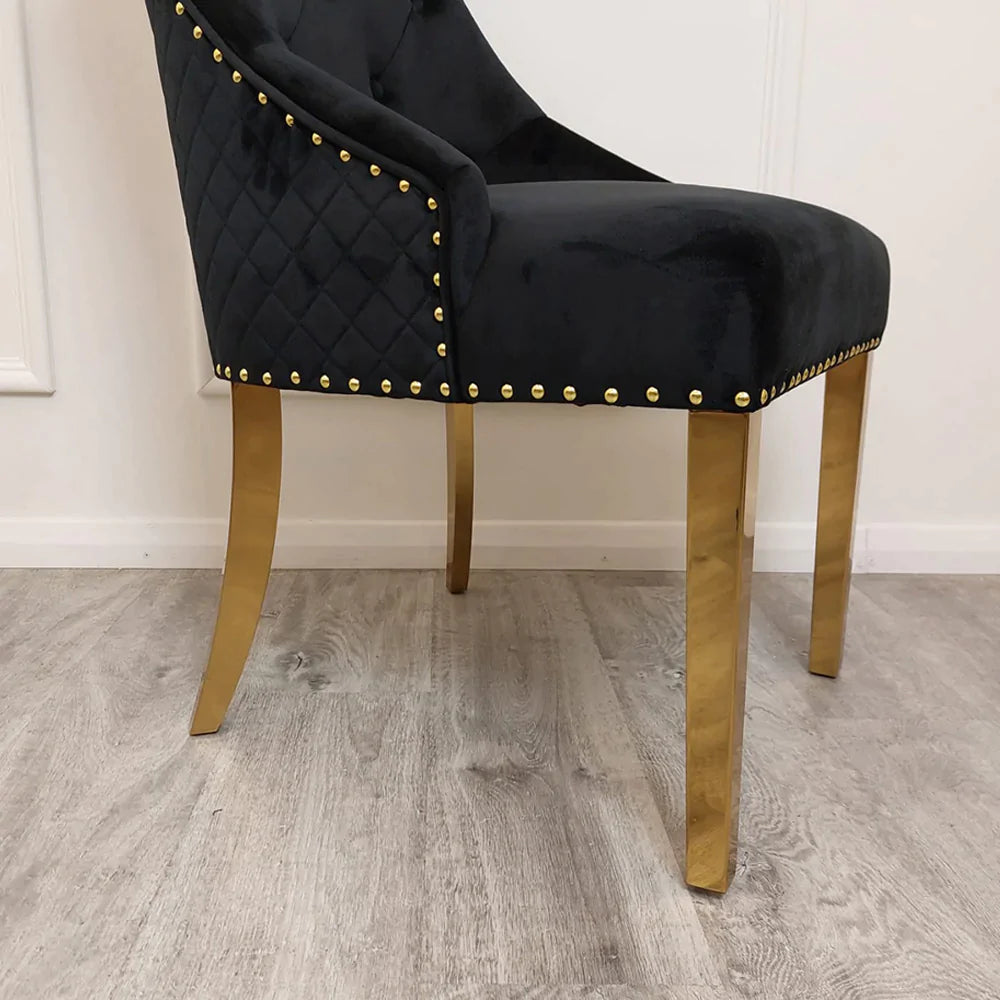 Majestic Gold Lion Knocker Quilted Tufted Plush Velvet Dining Chair Gold Legs - 3 Colours - Belmont Interiors