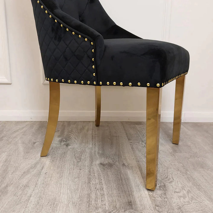 Louis 130cm Round Black/Gold Marble Gold Dining Table + Majestic Gold Lion Dining Chairs - Belmont Interiors
