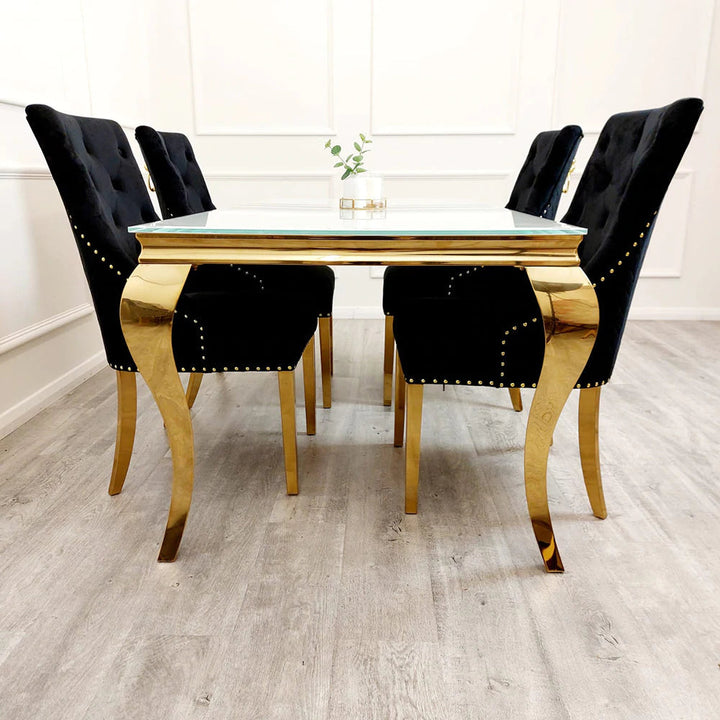 Gold Lion Knocker Quilted Tufted Plush Velvet Dining Chair Gold Legs - Belmont Interiors