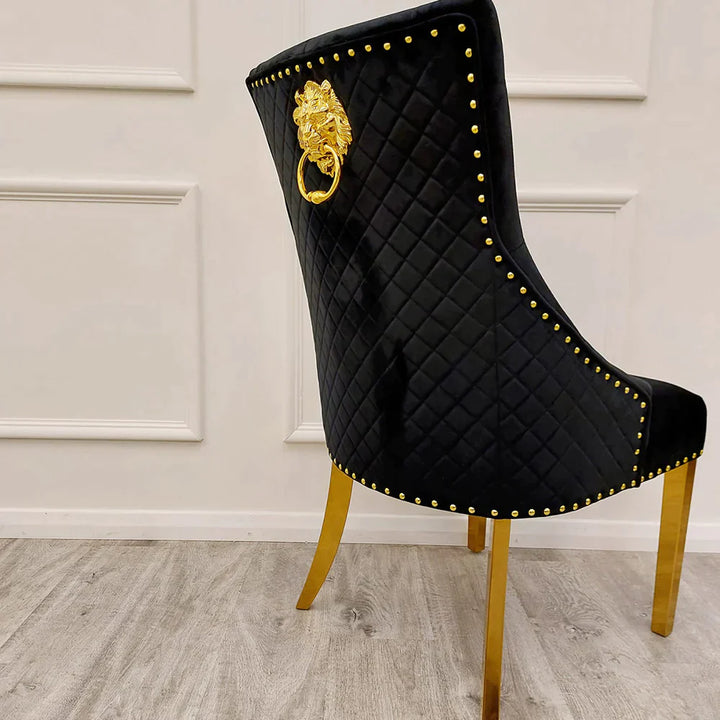 Louis 130cm Round Black/Gold Marble Gold Dining Table + Majestic Gold Lion Dining Chairs - Belmont Interiors