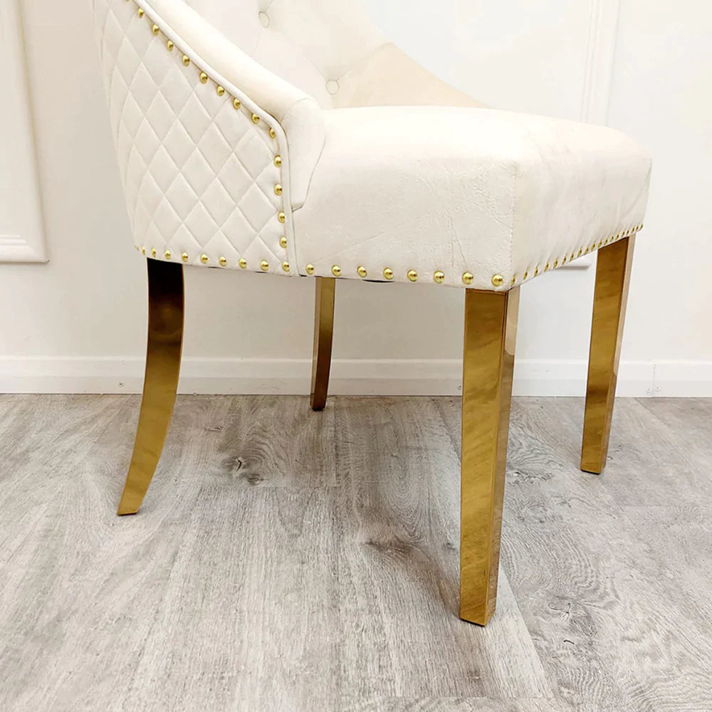 Louis Gold Polar White Sintered Stone Dining Table With Gold Lion Knocker Dining Chairs - Belmont Interiors