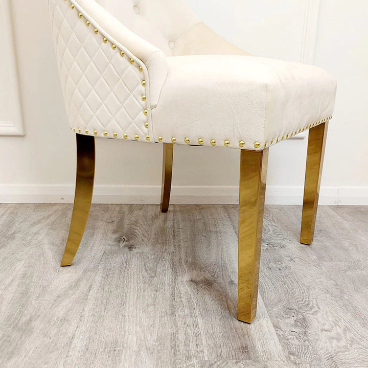 Gold Lion Knocker Quilted Tufted Plush Velvet Dining Chair Gold Legs - Belmont Interiors