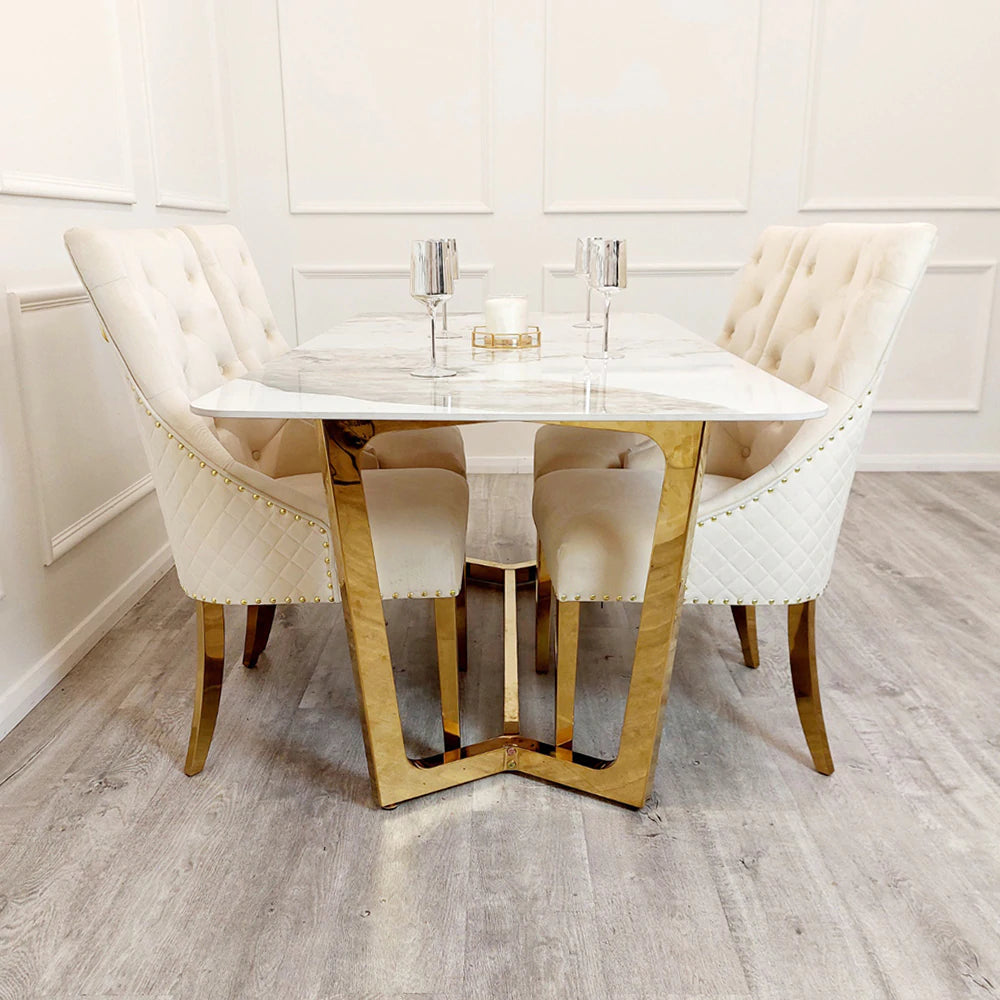 Gold Lion Knocker Quilted Tufted Plush Velvet Dining Chair Gold Legs - Belmont Interiors