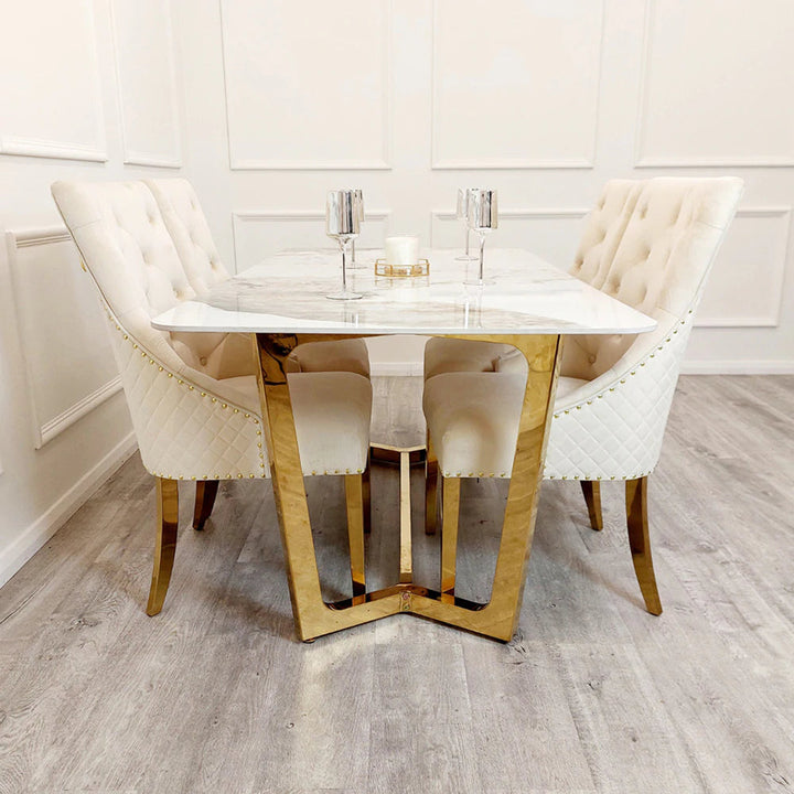 Gold Lion Knocker Quilted Tufted Plush Velvet Dining Chair Gold Legs - Belmont Interiors