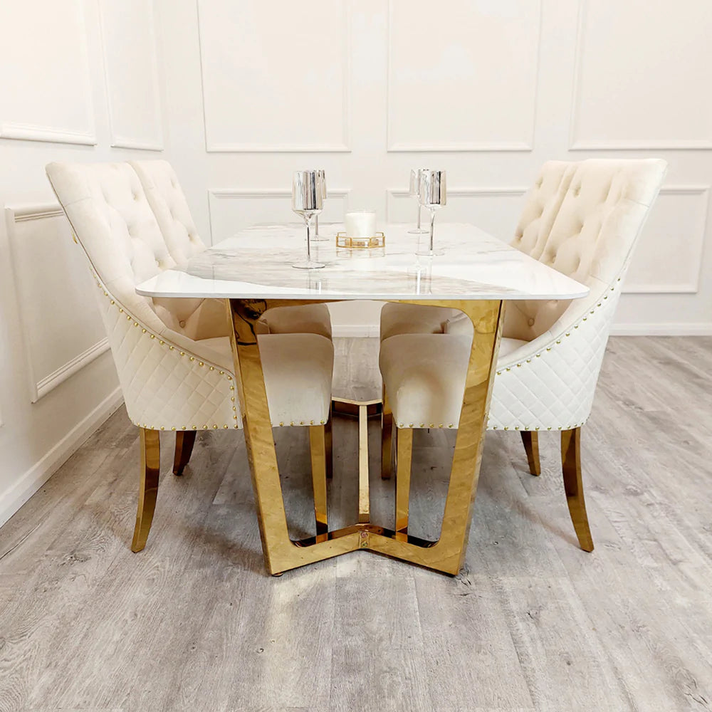 Lucien 180cm Gold Dining Table with Pandora Gold Sintered Stone Top + Gold Lion Knocker Dining Chairs-Dining Table & Chairs Set-Cuthwells-Belmont Interiors