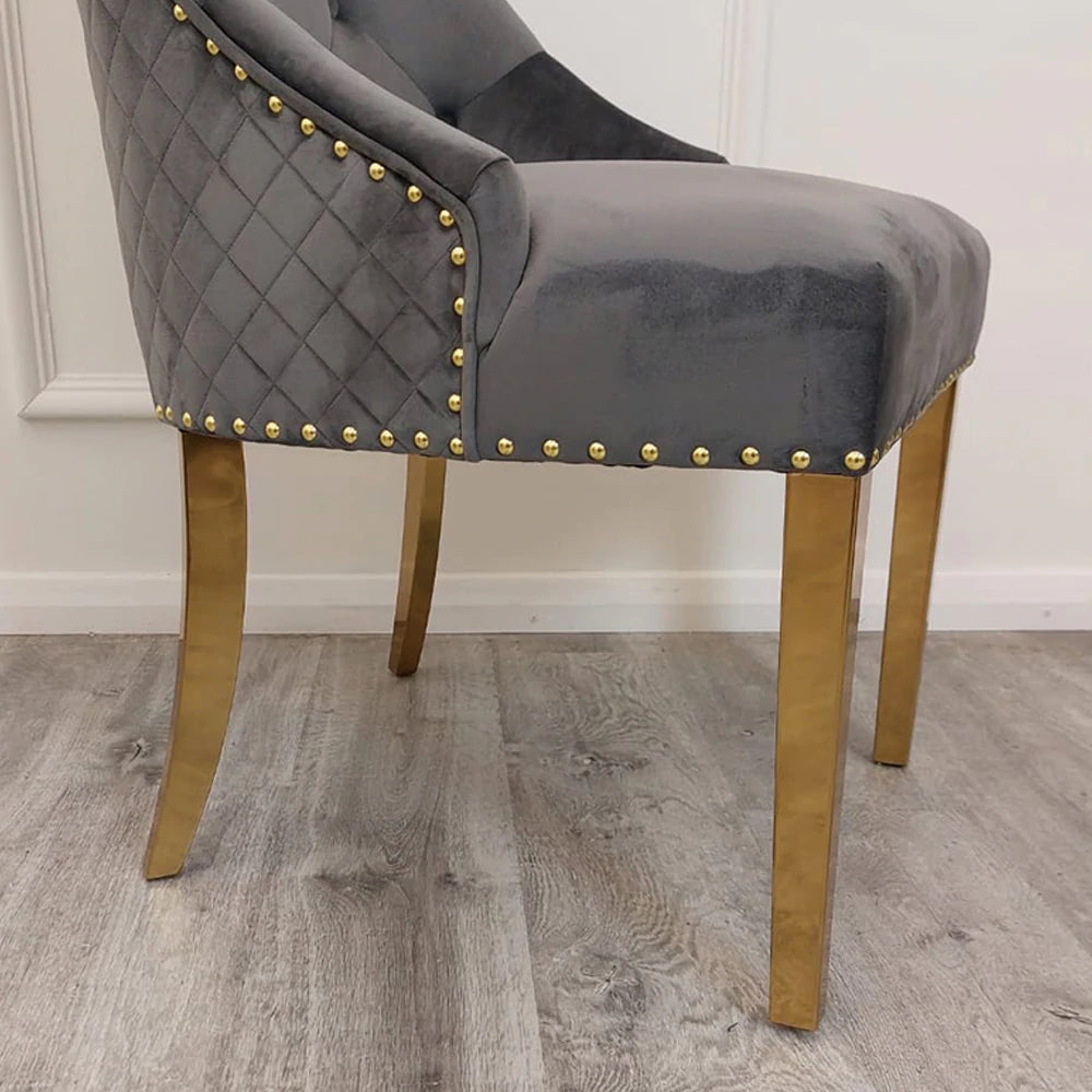 Gold Lion Knocker Quilted Tufted Plush Velvet Dining Chair Gold Legs - Belmont Interiors