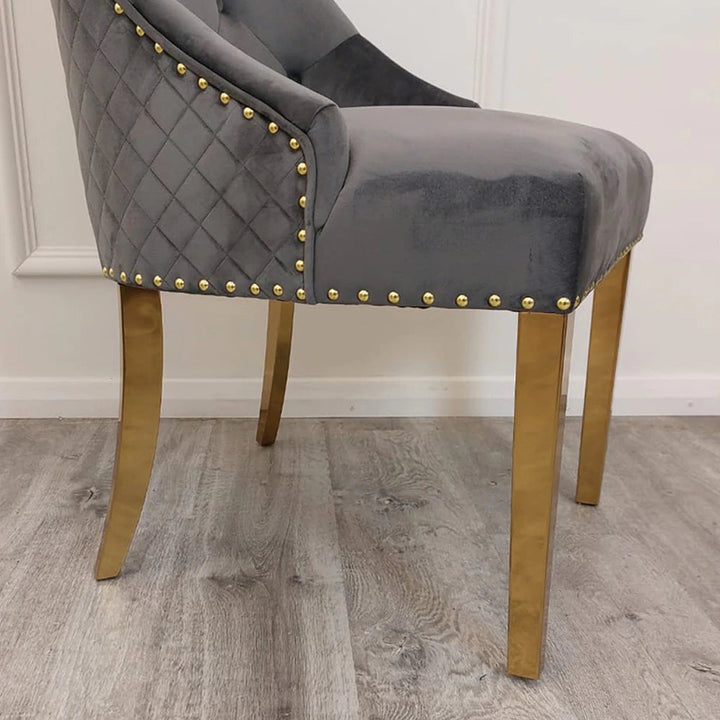 Gold Lion Knocker Quilted Tufted Plush Velvet Dining Chair Gold Legs - Belmont Interiors