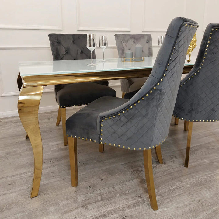 Gold Lion Knocker Quilted Tufted Plush Velvet Dining Chair Gold Legs - Belmont Interiors