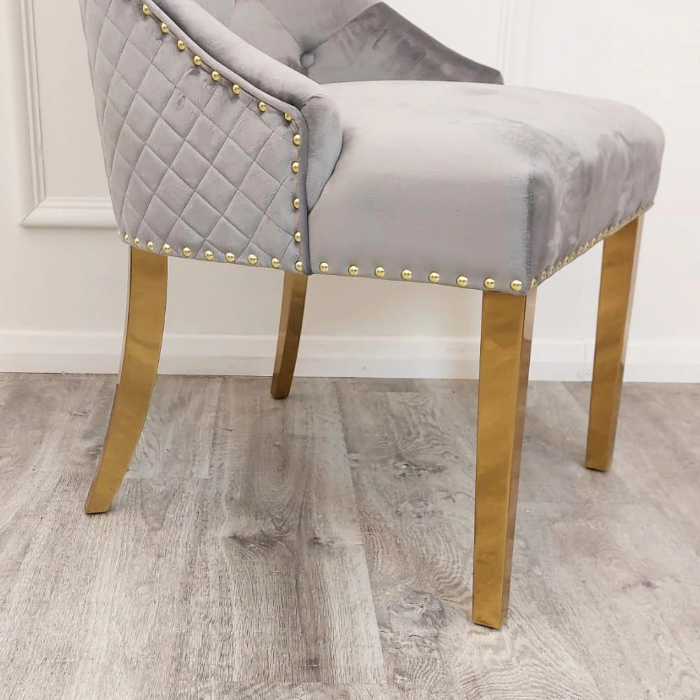 Gold Lion Knocker Quilted Tufted Plush Velvet Dining Chair Gold Legs - Belmont Interiors