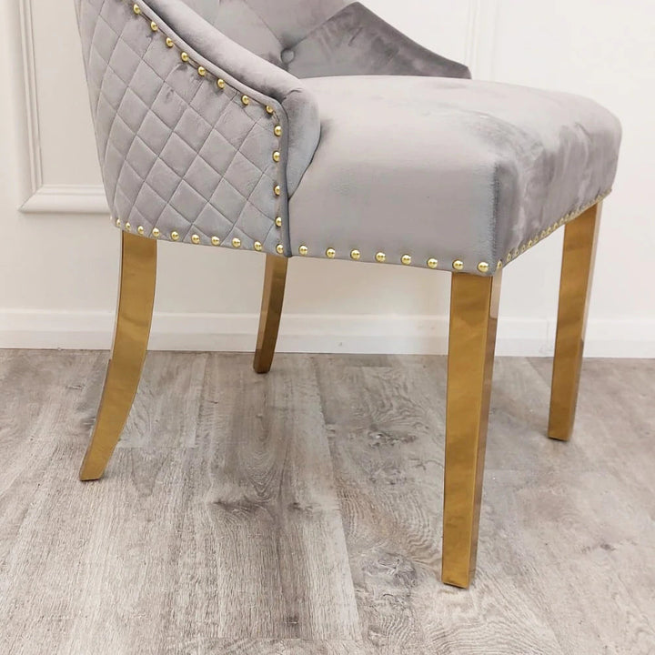 Gold Lion Knocker Quilted Tufted Plush Velvet Dining Chair Gold Legs - Belmont Interiors