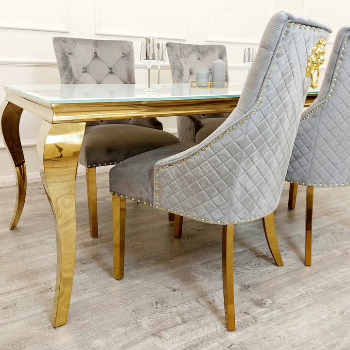 Louis Gold Polar White Sintered Stone Dining Table With Gold Lion Knocker Dining Chairs - Belmont Interiors