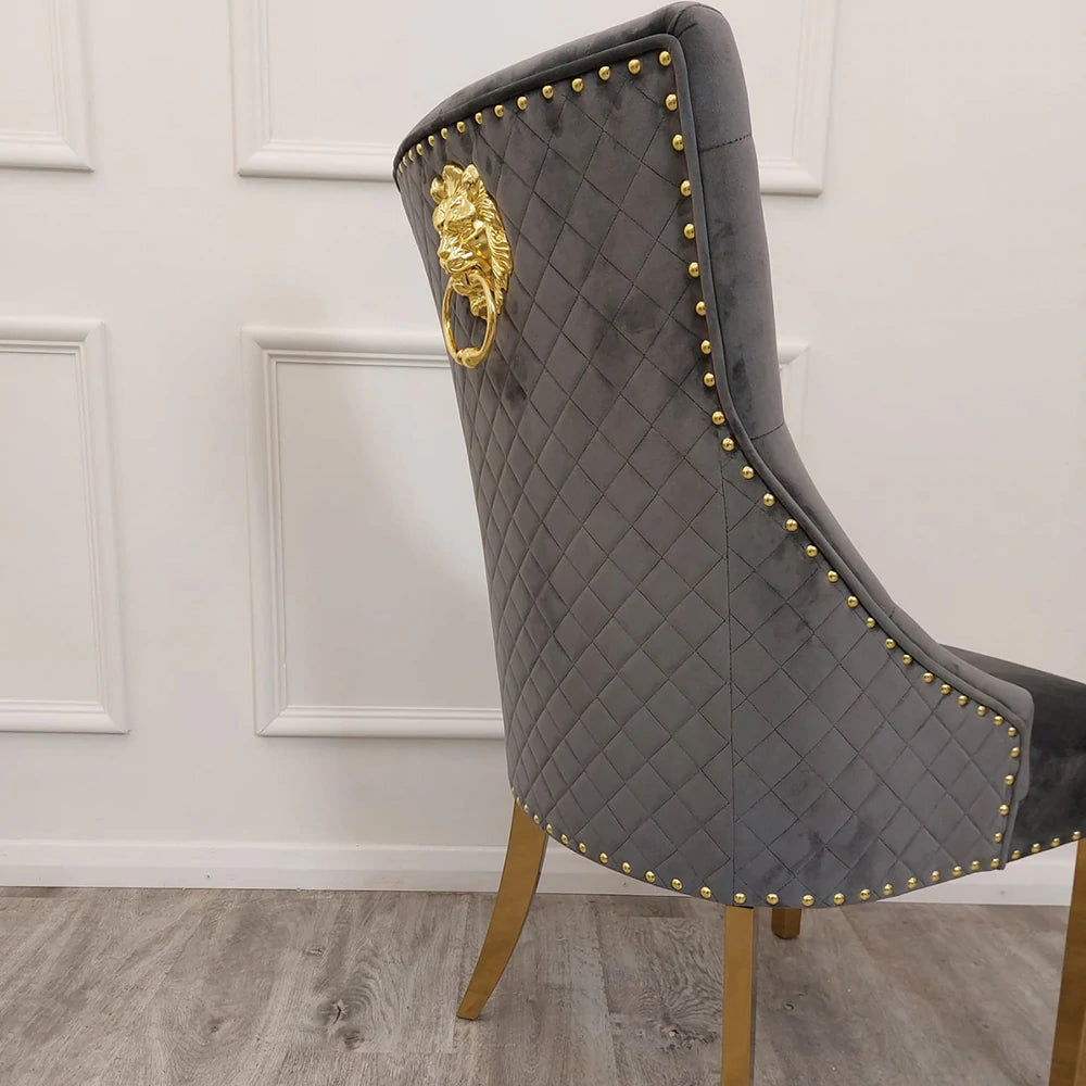 Gold Lion Knocker Quilted Tufted Plush Velvet Dining Chair Gold Legs - Belmont Interiors
