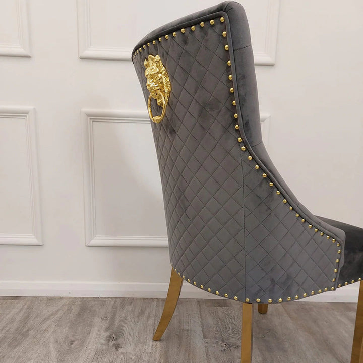 Gold Lion Knocker Quilted Tufted Plush Velvet Dining Chair Gold Legs - Belmont Interiors