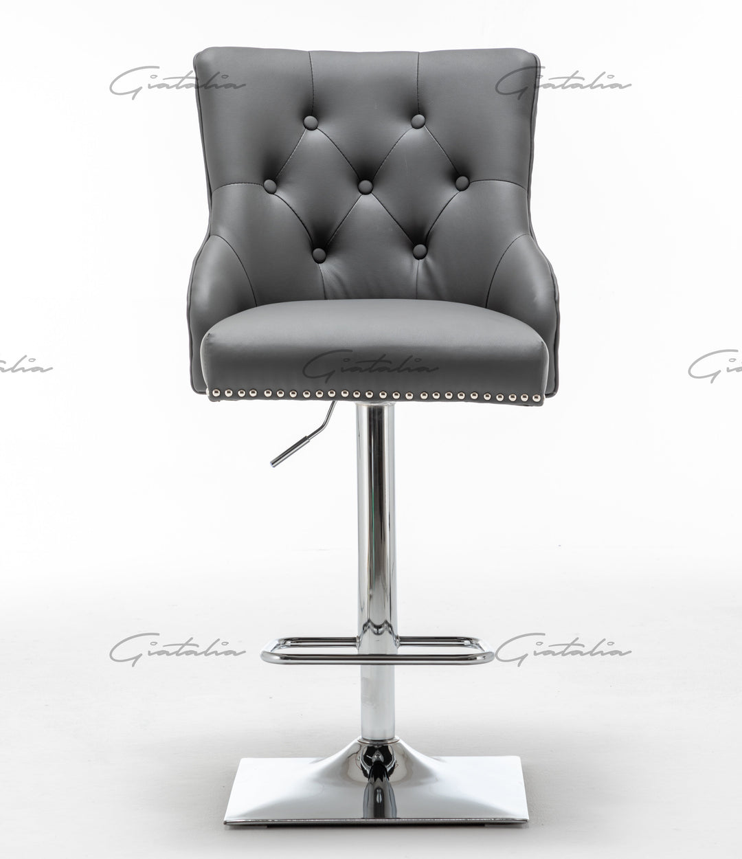Weston Grey Faux Leather Barstool PU Chrome Round Knocker - Belmont Interiors