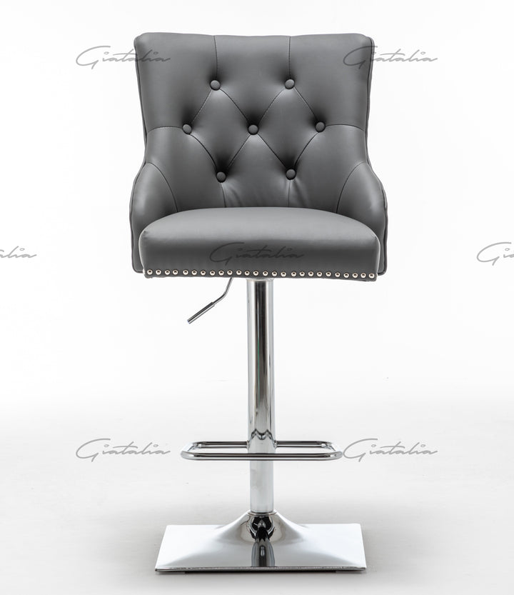 Weston Grey Faux Leather Barstool PU Chrome Round Knocker - Belmont Interiors