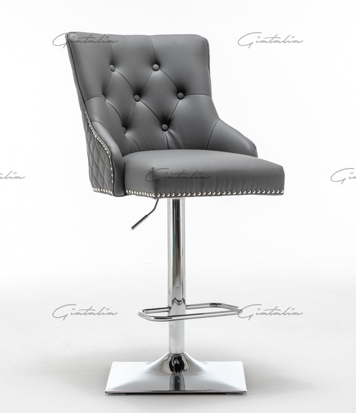 Weston Grey Faux Leather Barstool PU Chrome Round Knocker - Belmont Interiors