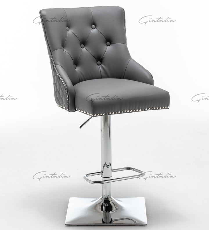 Weston Grey Faux Leather Barstool PU Chrome Round Knocker - Belmont Interiors