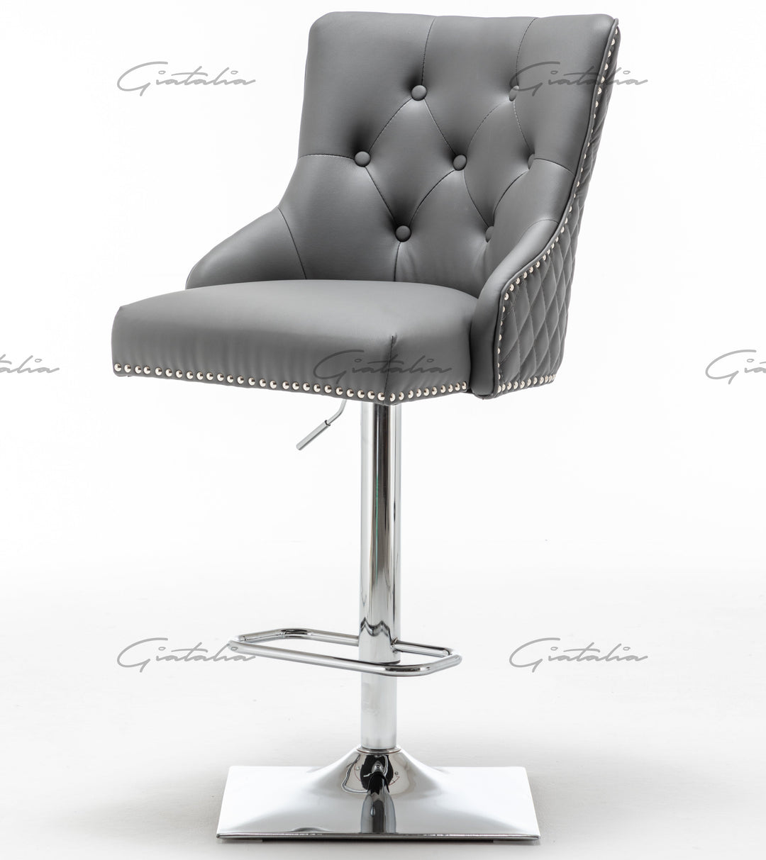 Weston Grey Faux Leather Barstool PU Chrome Round Knocker - Belmont Interiors