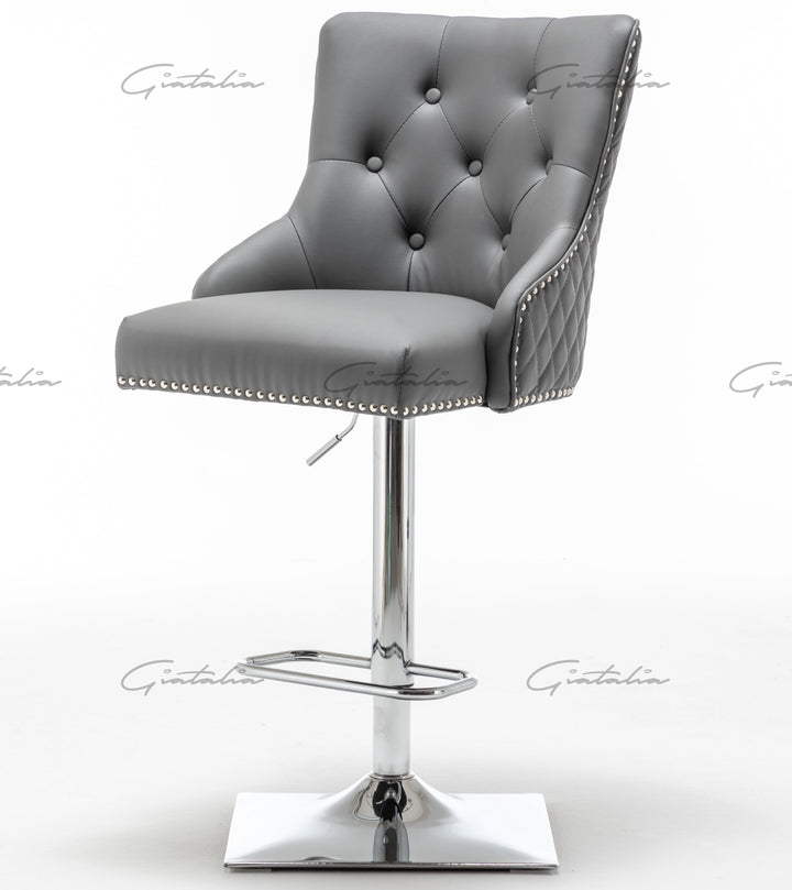 Weston Grey Faux Leather Barstool PU Chrome Round Knocker - Belmont Interiors