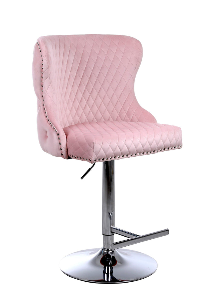 Valentino Pink Lion Knocker Quilted Back Plush Velvet Chrome Bar Stool - Belmont Interiors