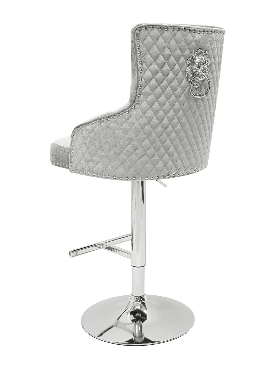 Majestic HQ Silver Brushed Velvet Bar Stool With Lion Knocker - Belmont Interiors