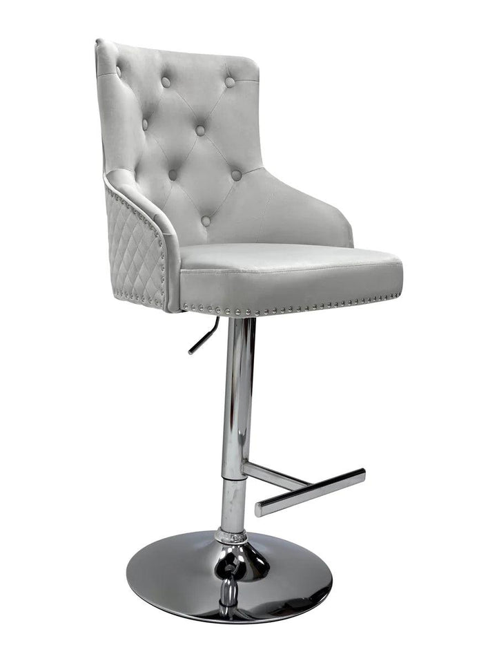 Majestic Silver Brushed Velvet Bar Stool With Lion Knocker - Belmont Interiors