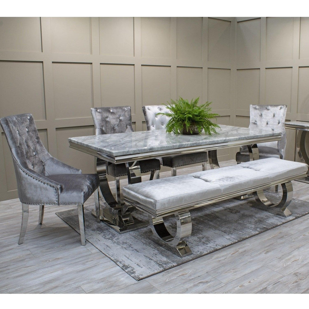 Arianna 200cm Grey Marble Dining Table + Belle Grey Velvet Dining Chairs + Grey 180cm Bench - Belmont Interiors