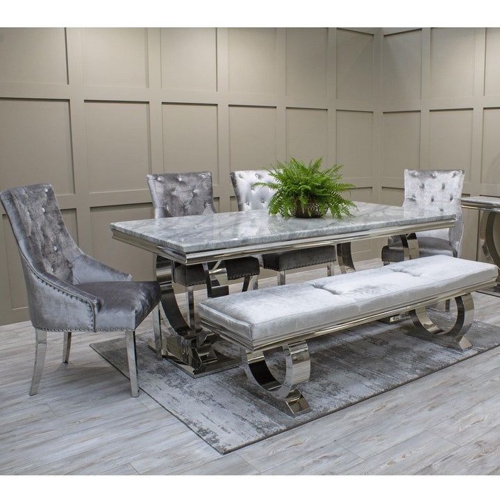 Arianna 150cm Grey Marble Dining Table + Belle Grey Velvet Dining Chairs + Grey 130cm Bench - Belmont Interiors
