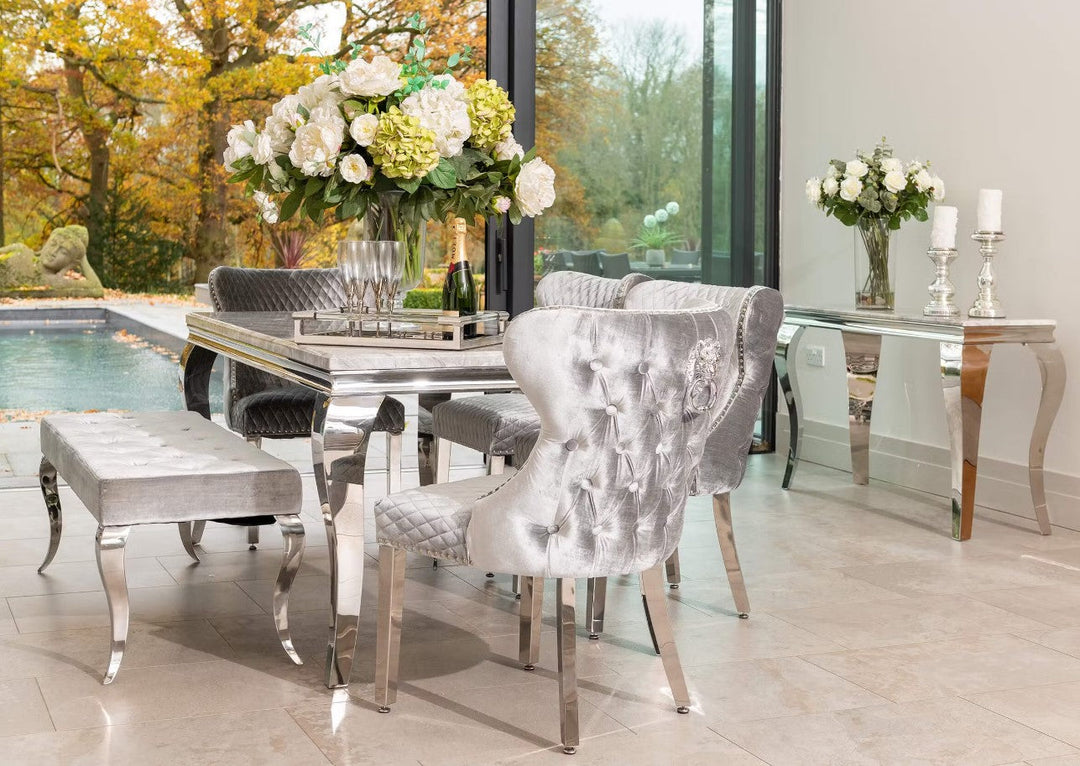 Louis Marble & Chrome Dining Table With Valente Lion Knocker Velvet Chairs & Bench - Belmont Interiors