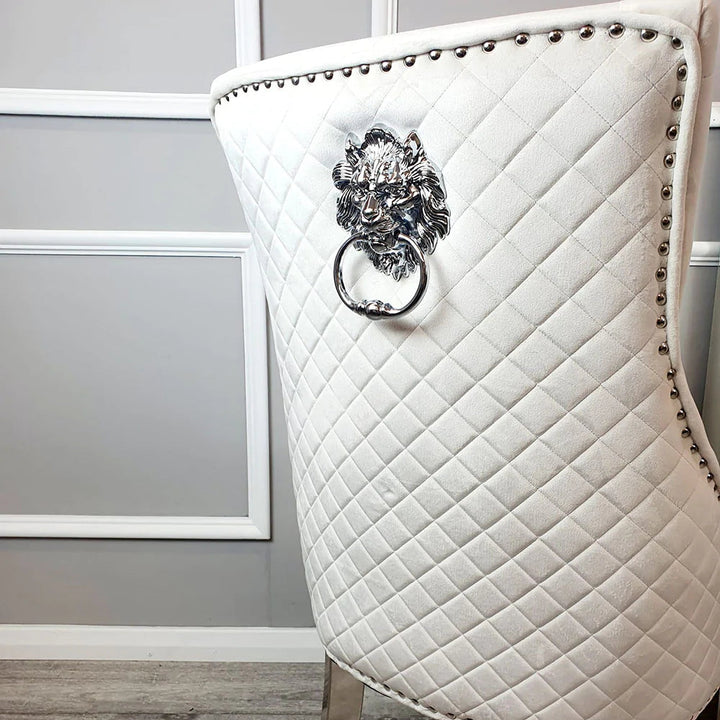 Lucien 160cm Chrome Dining Table with Polar White Sintered Stone Top + Chrome Quilted Back Lion Knocker Dining Chairs - Belmont Interiors
