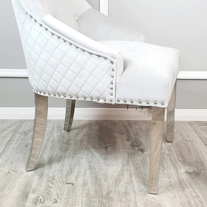 Lucien 160cm Chrome Dining Table with Polar White Sintered Stone Top + Chrome Quilted Back Lion Knocker Dining Chairs - Belmont Interiors