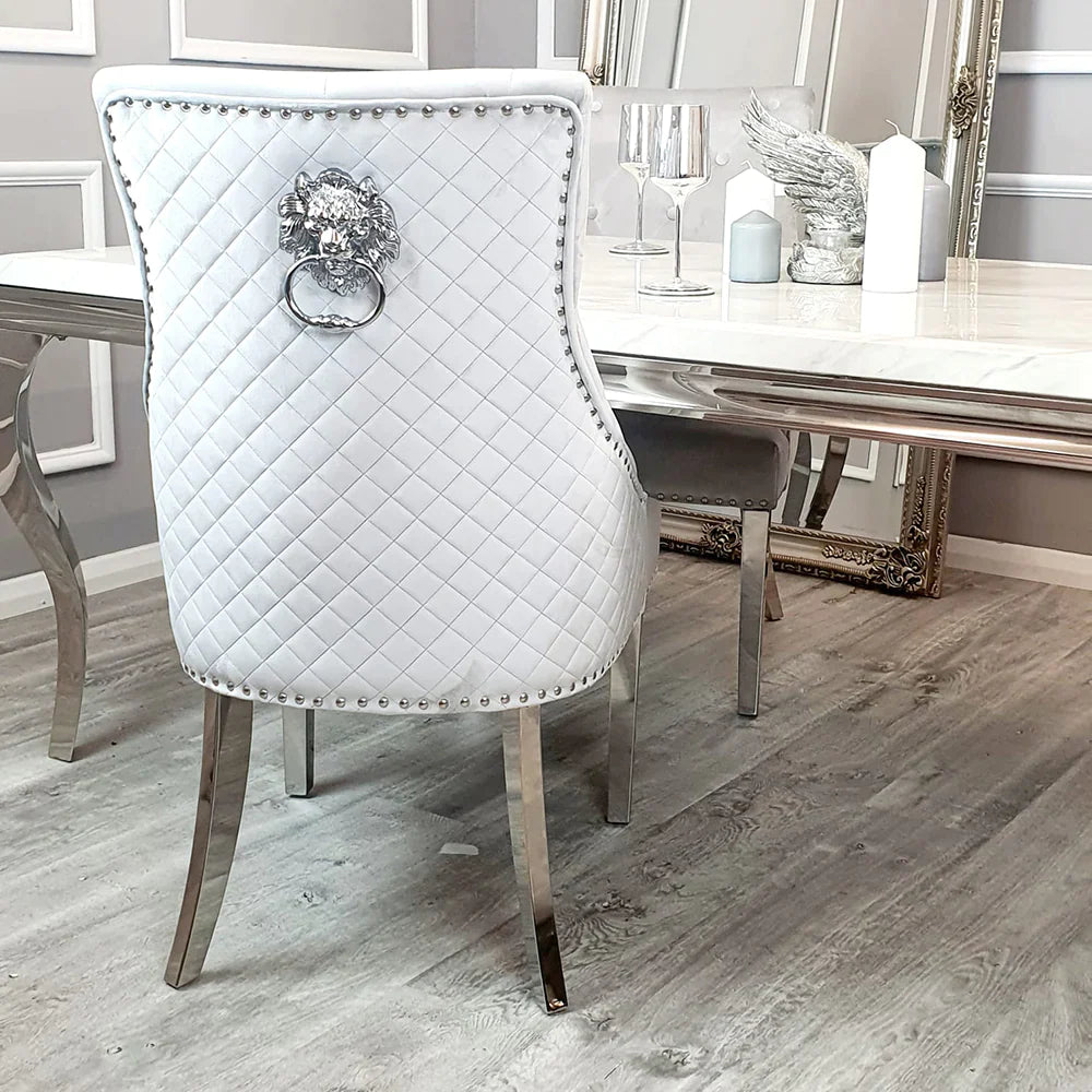Arturo 180cm Marble Dining Table + Lion Knocker Quilted Dining Chairs - Belmont Interiors