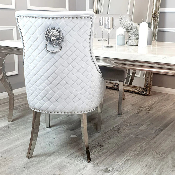 Lucien 160cm Chrome Dining Table with Polar White Sintered Stone Top + Chrome Quilted Back Lion Knocker Dining Chairs - Belmont Interiors