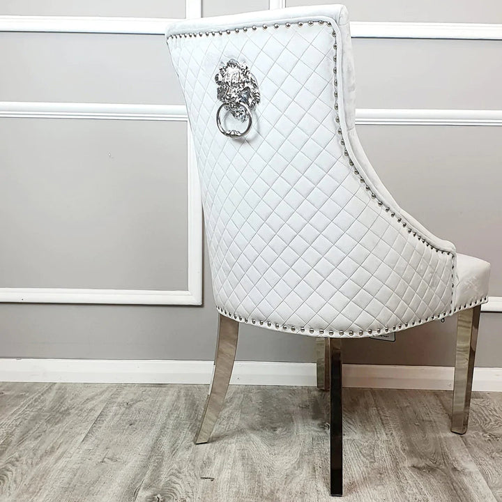 Lucien 160cm Chrome Dining Table with Polar White Sintered Stone Top + Chrome Quilted Back Lion Knocker Dining Chairs - Belmont Interiors