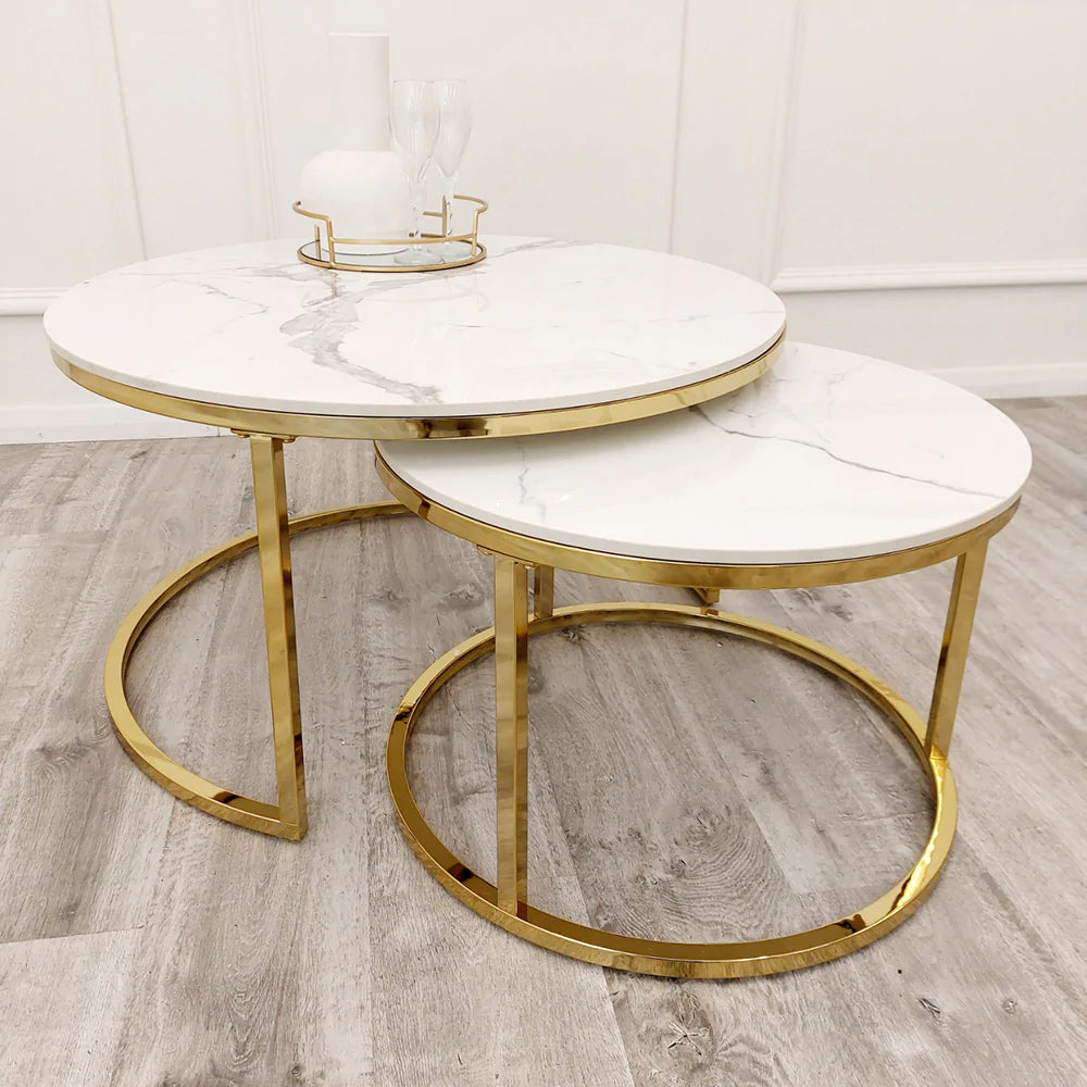 Cato Nest of 2 Short Round Coffee Gold Tables with Polar White Sintered Stone Tops - Belmont Interiors
